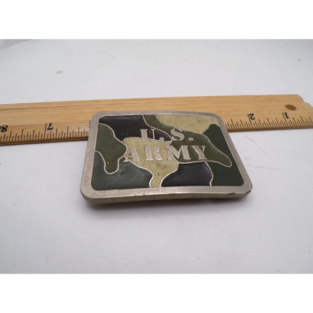 Vintage US Army Belt Buckle Camouflage Enamel Rectangle Silver Tone Military